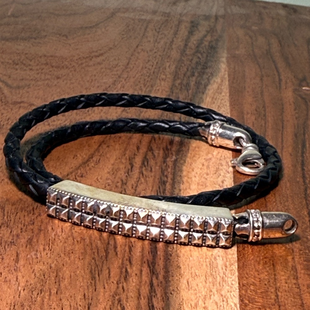 KING BABY STUDIO doble wrap black Leather Bracelet with Sterling S .925 Size 7.5